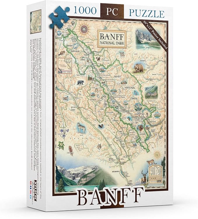 Banff National Park Map Jigsaw Puzzle – 1000 Pieces, Hand-Drawn Artwork, Educational Family Puzzle, Includes Poster – 19.8” x 26.4”
