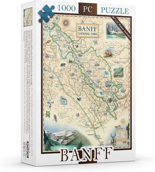 Banff National Park Map Jigsaw Puzzle – 1000 Pieces, Hand-Drawn Artwork, Educational Family Puzzle, Includes Poster – 19.8” x 26.4”