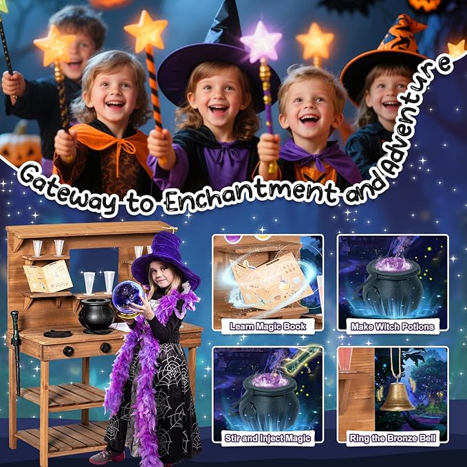 Mud Kitchen Playset for Kids, Wooden Magic Kitchen Set w/Wand, Recipe, Removable Sink, Faucet, Stove, Toddler Outdoor Pretend Play Kitchen, Witch Role Play, Fairy Potion, Gift for Boys Girls