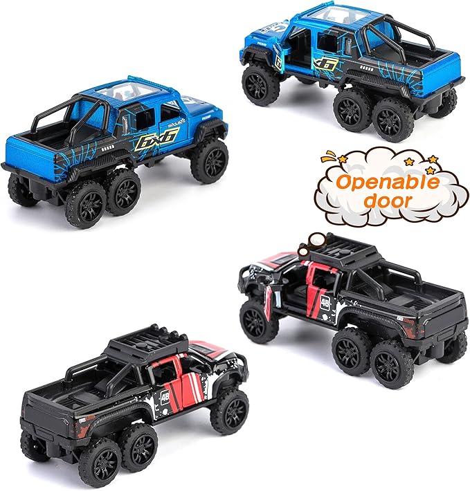 KIDAMI Diecast Toy Trucks 4 Pack Die Cast Metal Toy Cars Pull Back Cars Openable Doors Off-Road Vehicles Birthday Gift for Boys and Toddlers (Colorful)