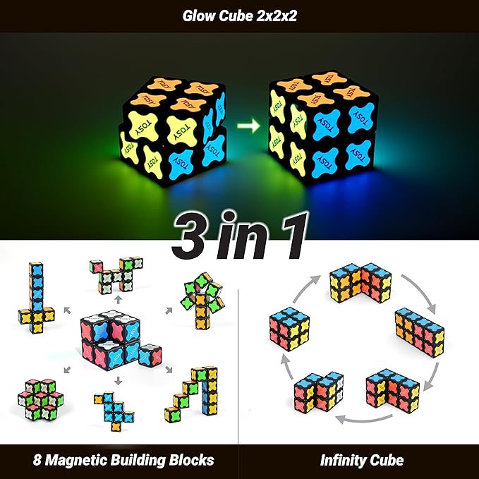 TOSY Magnet Cube 2x2 - 8 Blocks, 2in1 Toy: 2x2x2 Puzzle Cube and Customizable Infinity Cube, Glowing, Christmas Stocking Stuffers Gift for Kids/Grandkids, UV Flashlight, Sensory/STEM Toy