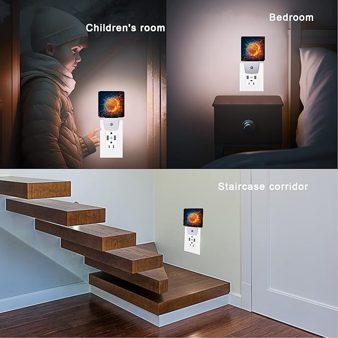 Basketball Night Light,Fire and Water Basketball Night Lights Plug into Wall for Boys Girls, Led Lights for Stairway/Hallway/Bedroom 0.5W Nightlight Sleep Friendly