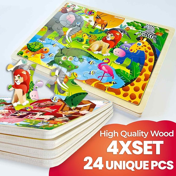 QUOKKA 4SET Puzzles for Kids Ages 4-6 - 24 Pcs Wooden Toddler Puzzles Ages 3-5 - Africa Ocean Animals Farm Learning Games for Boys and Girls 4-8 Year Olds