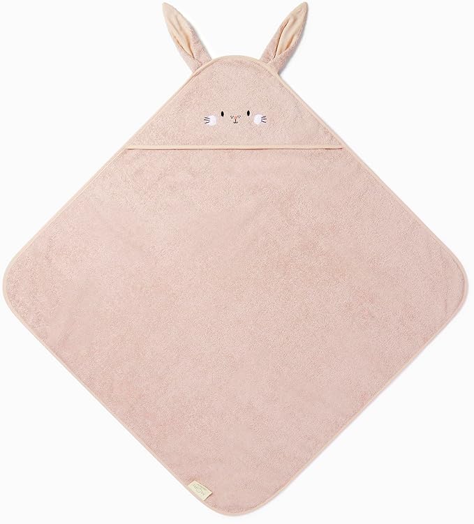 MORI Baby Hooded Bath Towel with Bunny Design in Blush - Unisex Soft Cotton Wrap Cloth for Infants and Newborns - 30 x 30”
