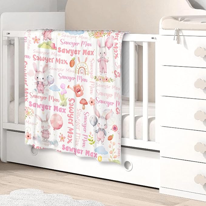 Personalized Custom Baby Blanket with Name - Bunny Swaddle Blanket for Toddlers, Infants, Kids, Newborns - Nursery Stroller Crib Decor Throw - Birthday Gift