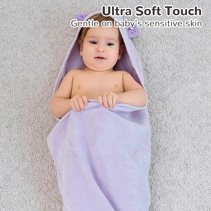 Viviland 2 Pack Hooded Baby Towels, Soft 100% Cotton Baby Bath Towels with Hood, Extra Thick and Absorbent, Essential for Newborns, Kids, Infants - Girls and Boys (Sheep & Purple Cat)
