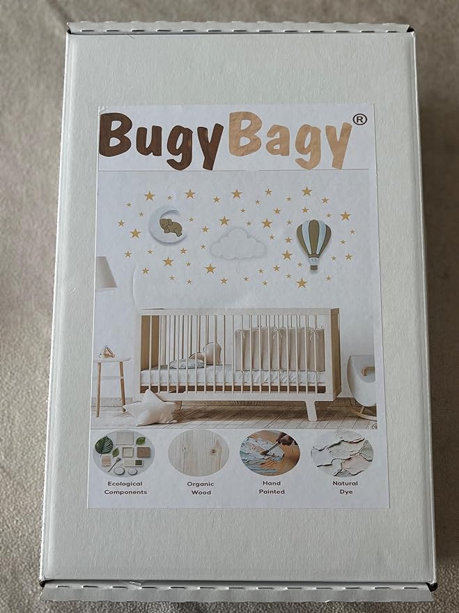 BugyBagy Nursery Wall Lamp Set – 3 Hand Painted Night Lights for Baby Room (Hot Air Balloon, Cloud, Elephant on Moon) + Bonus Wall Stickers – Soft Linen Colors (Beige Theme)