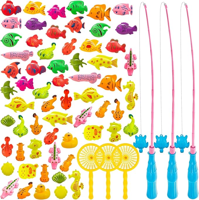 62Pcs Magnetic Fishing Game for Kids, Bathtub Kiddie Party Toy, Plastic Floating Fish with Pole Rod Net, Bath Toys for Kids Ages 4-8