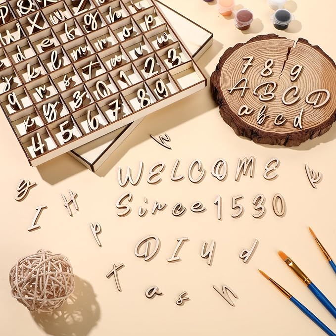 Geelin 248 Pcs 1 Inch Wood Alphabet Letters Numbers with Storage Box Blank Unfinished Wooden Letters Numbers with Rustic Storage Tray for Spelling Learning Education DIY Crafts(Rollerscript)