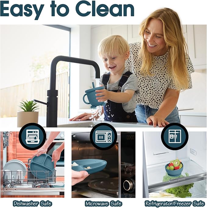 Baby Led Weaning Supplies, 8 Piece BPA-Free Silicone Feeding Set, Silicone Suction Bowl, Forks & Spoons, Bib & Cup, Develops Self Feeding Skills, Dishwasher Safe, for 6+ Months (Blue)