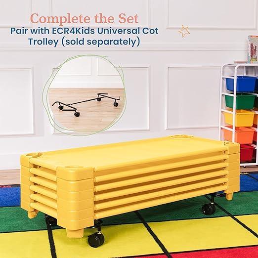 ECR4Kids Stackable Kiddie Cot, Ready-to-Assemble, Standard Size, Classroom Furniture, Yellow, 6-Pack