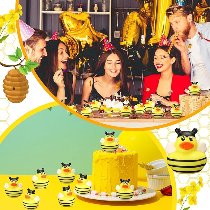 Jexine 24 Pieces Rubber Ducks 4 Styles Assorted Rubber Fun and Adorable Gifts Birthday Party Supplies Bathtub Floating Ducking Reward Gift Bag Filler(Bee Style)
