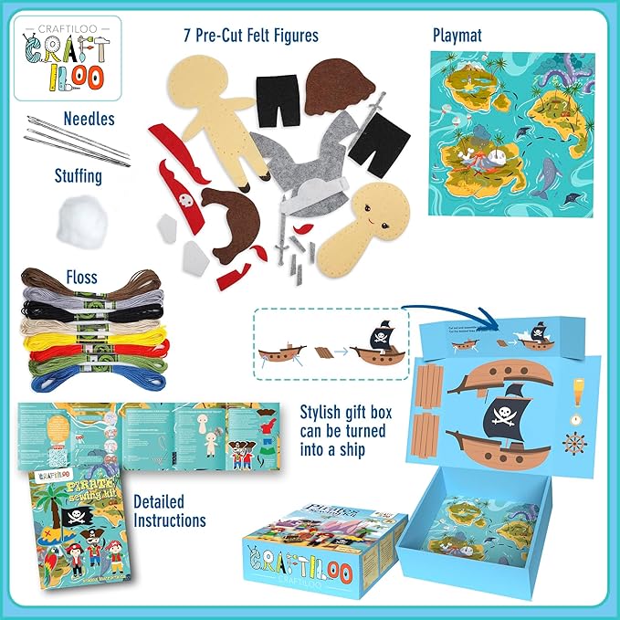 CRAFTILOO Pirates Pre-Cut Fun Kids Sewing Kit for Kids Ages 8-12 Children Beginners Sewing kit Kid Crafts Make Your Own Felt Pillow Plush Craft Kit Girls and Boys Art Craft Kits Learn to Sew Kit