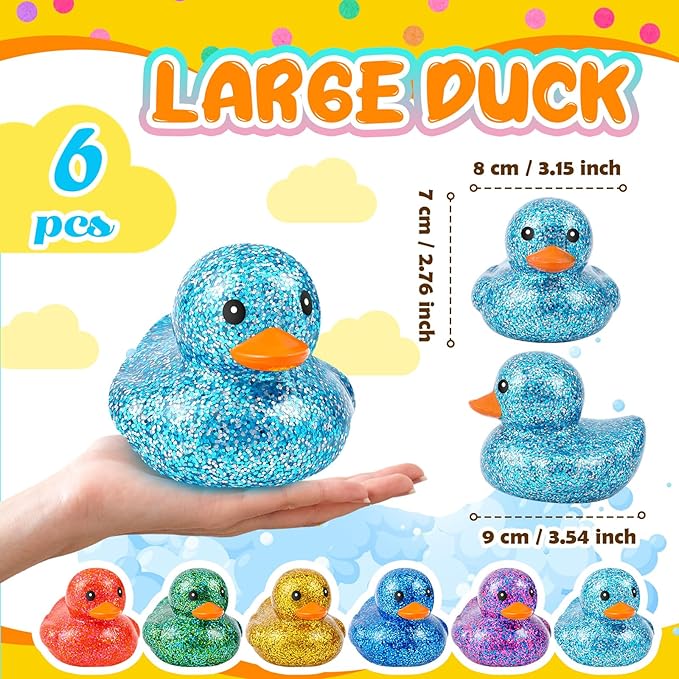 Deekin 6 Pcs 3.54 Inch Glitter Rubber Duck Assortment Toy Duckies Bulk Squeak Rubber Duckies for Kid Baby Bath Shower Pool Classroom Summer Beach Activity