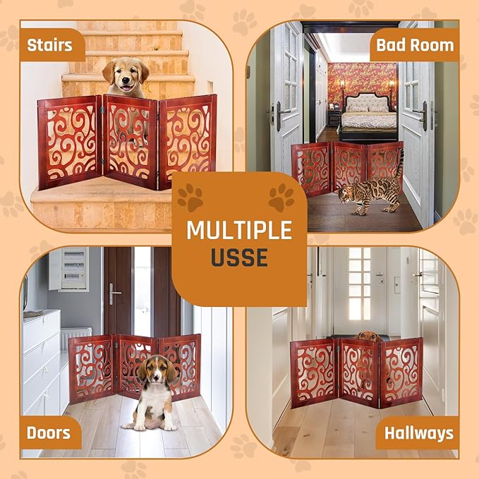 Bundaloo Freestanding Dog Gate Expandable Decorative Wooden Fence for Small to Medium Pet Dogs, Barrier for Stairs, Doorways, & Hallways (Mehagony Scroll)