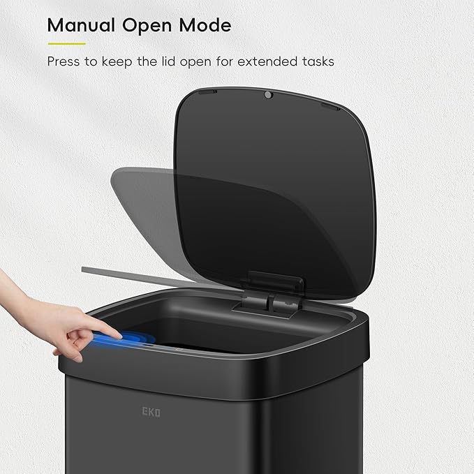 EKO EcoSmart 80L / 21.1 Gallon Motion Sensor Trash Can – Tall, Large Touchless Automatic Kitchen Garbage Bin with Soft-Close Lid for Home or Office, Brushed Stainless Steel, Matte Black