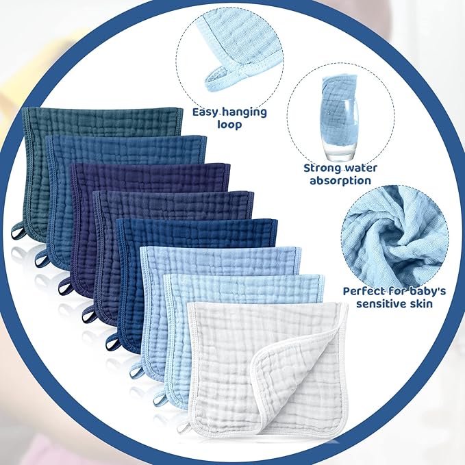 8 Packs Muslin Burp Cloths 6 Layers Unisex Baby Items Absorbent Burp Rags Colorful Muslin Washcloths for Baby Plain Soft Cotton Cloth for Babies Girls Boys, 10 x 20 Inch (Fresh Colors)
