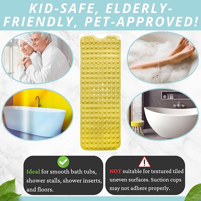 ENKOSI Bath Mat - Large Non Slip Bathtub & Shower Mat - Extra Long 40 x 16 Inch Bathroom Mats for Tub Nonslip Anti Slip Bathmats (Yellow), 1 Pack