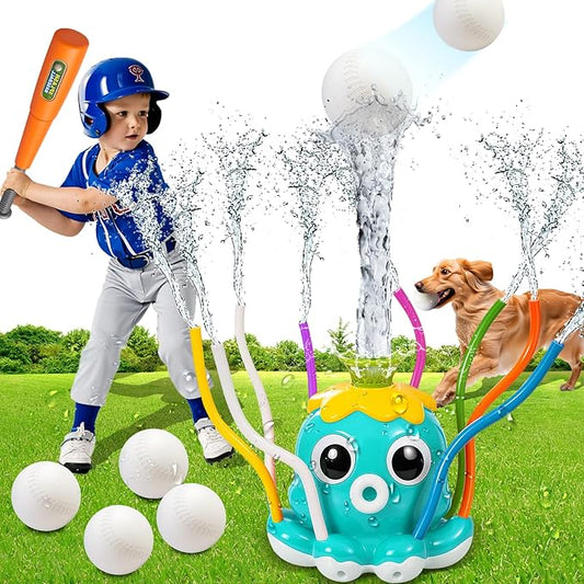 Water Sprinkler Baseball Toy for Kids Outdoor Play – 2-in-1 Splash Game with Bat & Balls, Backyard Summer Water Toys for Toddlers and Children, Fun Lawn Activities for Boys Girls Ages 3-12