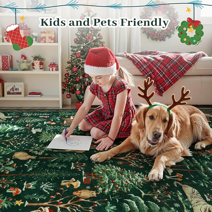 OJIA Christmas Area Rug 8x10 Green Rugs for Living Room, Xmas Animal Washable Rugs 8x10 Soft Bedroom Throw Rug, Holiday Dining Room Carpet Non-Slip Low Pile Carpet for Kids Room Nursery
