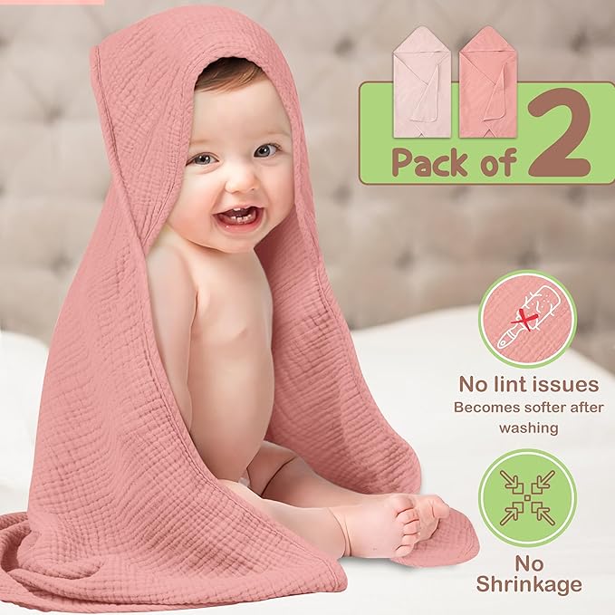 Organic Cotton Muslin Baby Hooded Towels - 32x32 Inch, 2 Pack Newborn Bath Towels for Boys & Girls, Soft & Absorbent Bath Set (Rose/Peach)