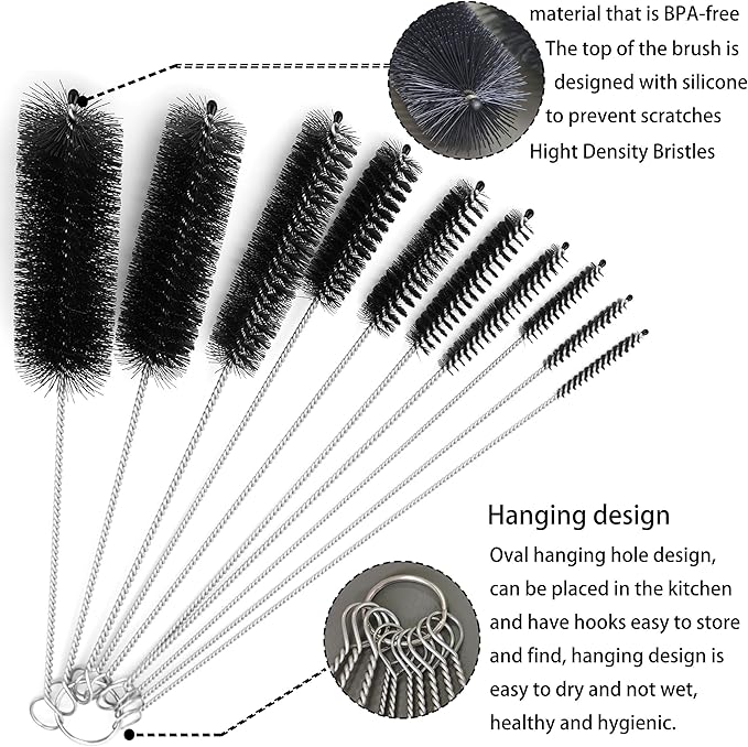 Long Straw Brush, Straw Brush Set 10 Pack, Straw Brush for Tumbler, Sippy Cup, Water Bottle and Hummingbird Feeders.(Black)