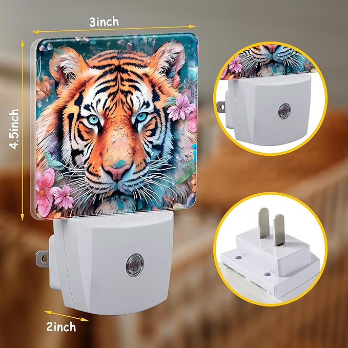 Watercolor Tiger Surrounded by Flowers Night Light Plug Wall,LED Night Lights with Dusk to Dawn Light Sensor for Women Girls Boys Room Decor,Hallway,Kitchen,Bathroom,Nursery,Stairs