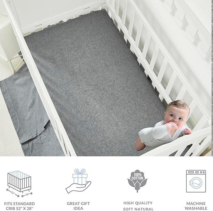 Brandream Gender Neutral Baby Crib Bedding Set 3 Pieces 100% Cotton Like Linen Supersoft Classic Quilted Plaid Design Boho Bohemian Farmhouse Chic Nursery Decor (Gray)