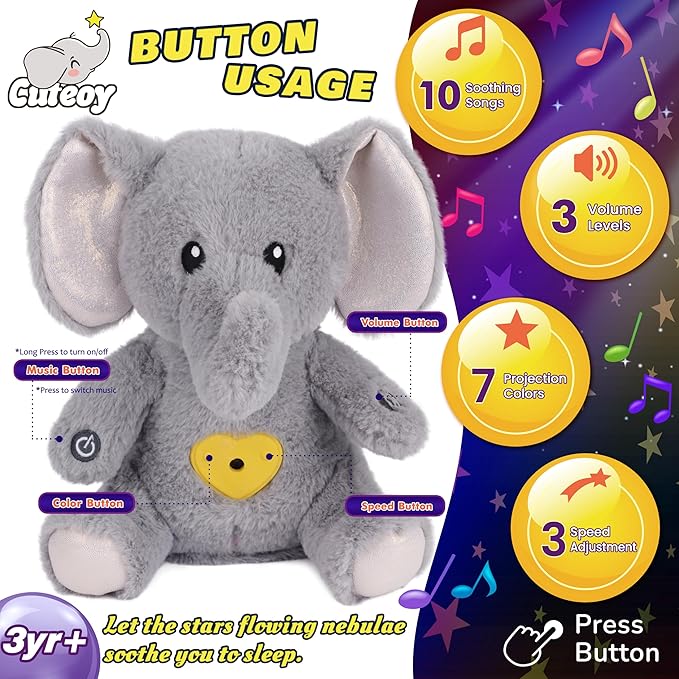 Cuteoy Plush Gray Elephant Star Projector Musical Adjustable Singing Night Light Stuffed Animals Glowing Plushies Toy Gifts for Kids Birthday Easter Christmas,13''