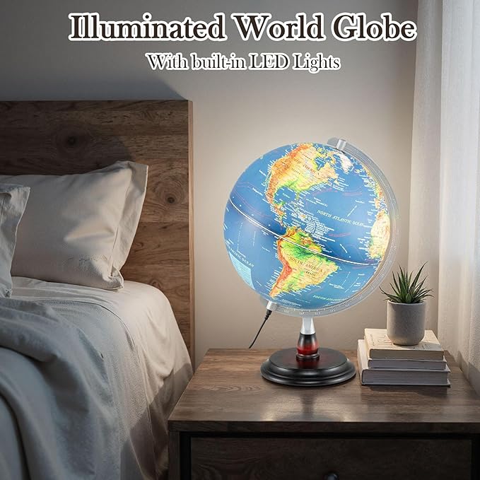 12" Illuminated World Globe, Desktop Globe with Raised Relief, LED Lights, Time Zone & Non-Slip Wooden Base, Geographic Terrain Globes for Decoration & Living Room (Navy)
