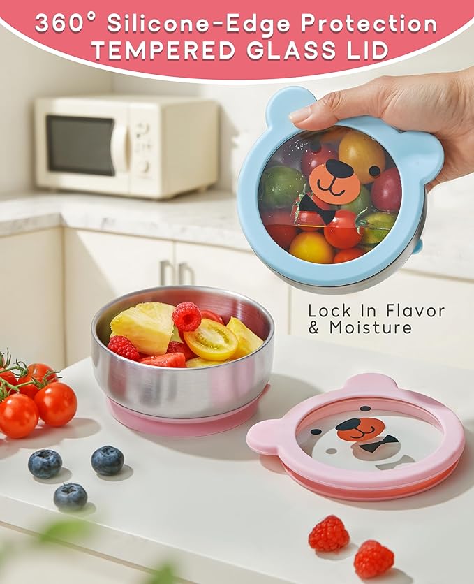 BPA-Free 100% Food-Grade Stainless Steel Baby Bowls with Suction Toddler Bowl Double-Layer Insulated Kids Bowls with Non-Slip Silicone Suction Cup Infant Bowls with Spoon Airtight Glass Lids Gray