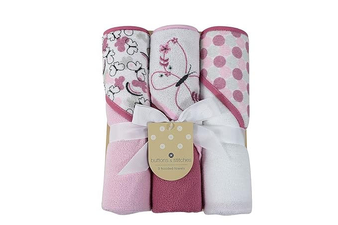 Cudlie Buttons & Stitches Baby Girl 3 Pack Rolled/Carded Hooded Towels in Butterfly Polka Print (GS71727)