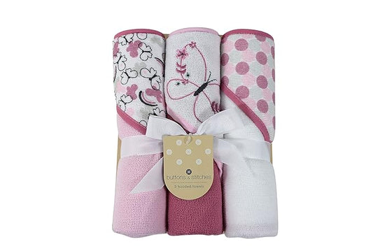 Cudlie Buttons & Stitches Baby Girl 3 Pack Rolled/Carded Hooded Towels in Butterfly Polka Print (GS71727)