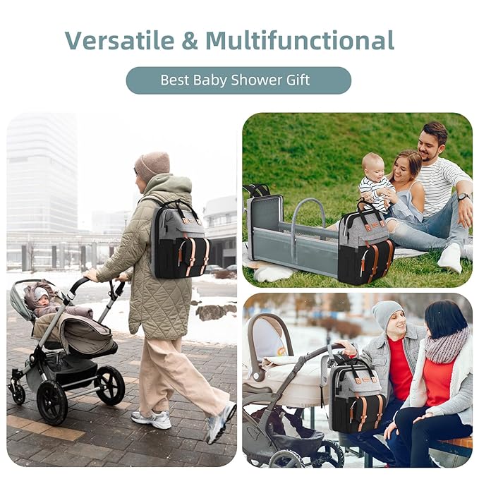 Diaper Bag Backpack with Changing Station, Large Diaper Bag, Baby Bag, Multifunctional Diaper Bag, GreyBlack