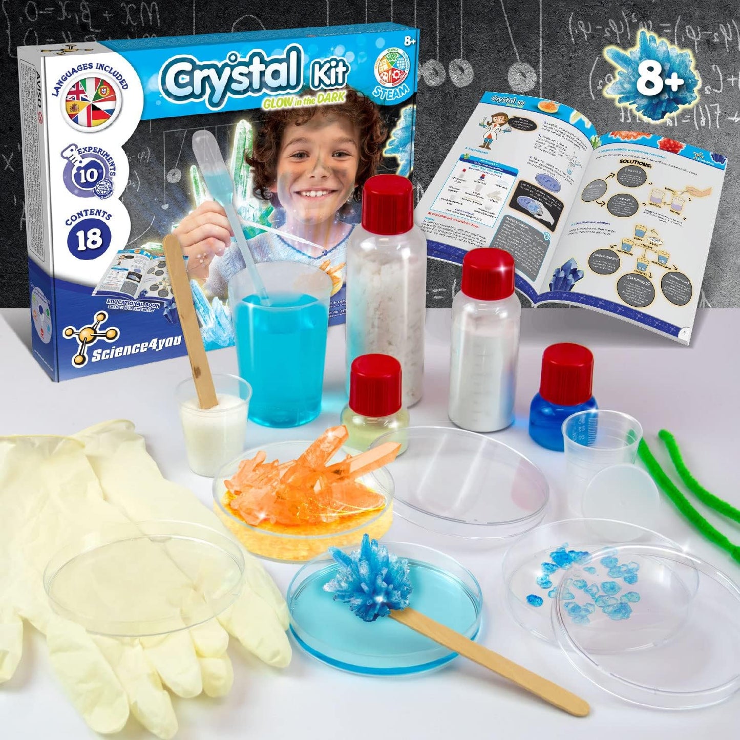 Science4you - Crystal Growing Kit for Kids Age 8+ - Chemistry Set with 10 Science Experiments for Kids Including Growing Crystals and Gem Stones, Geology Gifts for Kids, Science Kits for Kids Age 8