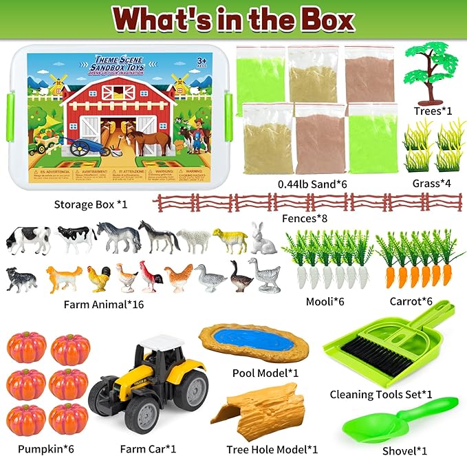 Sensory Bins Farm Animals Toys for Toddlers,Sensory Toys Play Sand Art Kit with Sandbox & Farm Animals & Tractor Playset,Indoor Outdoor Beach Toys for Boys Girls 3 4 5 6 7 Christmas Birthday Gift