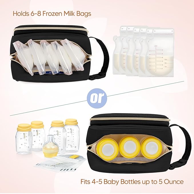 Damero Breastmilk Cooler Bag with 4 Ice Packs, Breast Milk Cooler Travel Bag Fit for Milk Bags or Bottles, with Buckle Handle for Breastfeeding Moms Travel/Daycare, Black