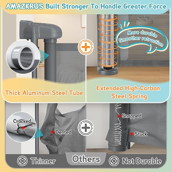 236'' Retractable Baby Gates Extra Wide, 42'' Extra Tall Retractable Dog Gate, 20 FT Grey Indoor/Outdoor Retractable Gate with Reinforcement Rods for Garage, Doorways, Stairs, Decks, Driveway, Patio