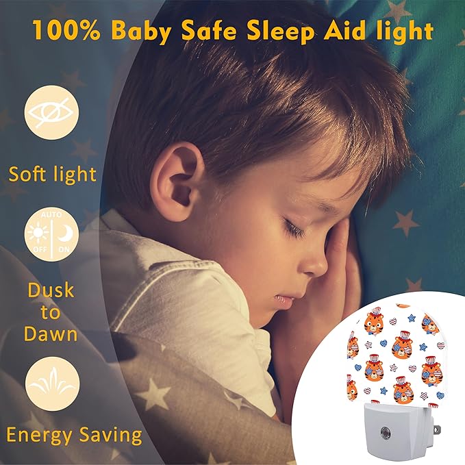 American Flag and Cute Tigers Night Light Plug into Wall, Cartoon Animals Patriotic Dusk to Dawn Night Light,0.5w Energy Saving Sleep Friendly Nightlights for Kids Boys Girls Home