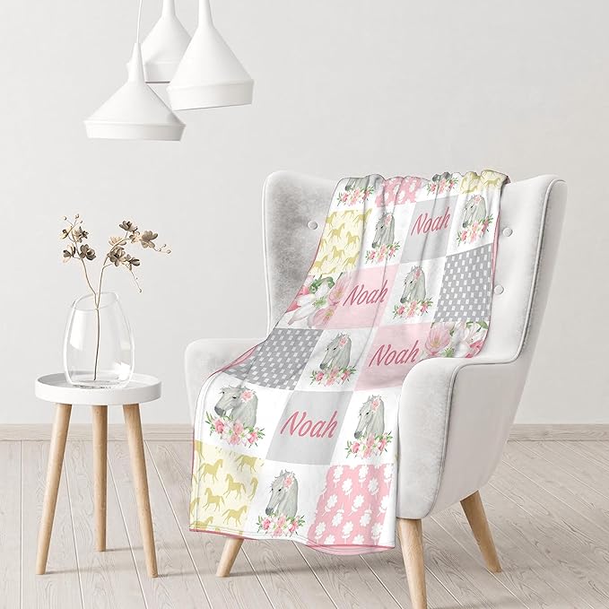 Personalized Custom Baby Blanket with Name - Swaddle Blanket for Toddlers, Infants, Kids, Newborns - Nursery Stroller Crib Decor Throw - Horse Theme - Birthday Gift