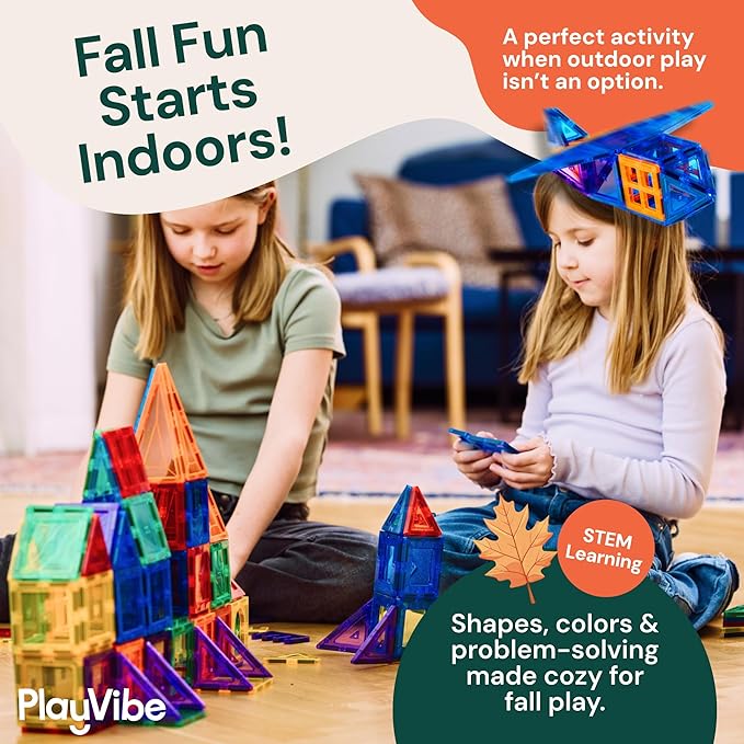 PLAYVIBE Magnetic Tiles - 60 Piece Set, Multicolor - Hands-On STEM Play & Stem Toys - Strong Magnets & Magnetic Tile Blocks - Sensory Toys & Car Creations