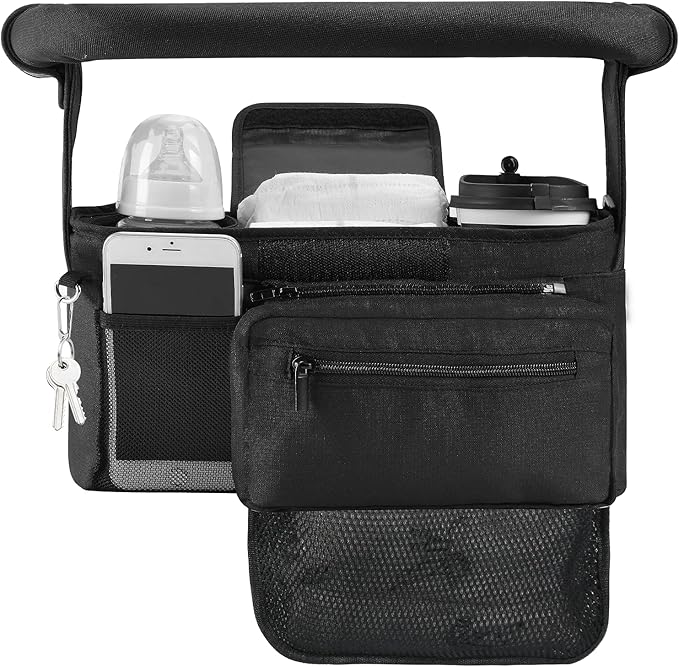 Momcozy NON-SLIP Universal Stroller Organizer | Insulated Cup Holder | Detachable Phone Bag & Shoulder Strap | Fits Uppababy, Baby Jogger, Britax, BOB, Umbrella and Pet Stroller