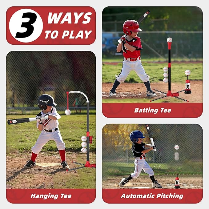3-in-1 T Ball Set - Adjustable Height, Hanging Tee Ball Set with Automatic Pitching Machine/6 Balls/Retractable Bat, TBall Stand Suit for Outdoor, Sport Toys Gifts for Kids Boys Age 3+