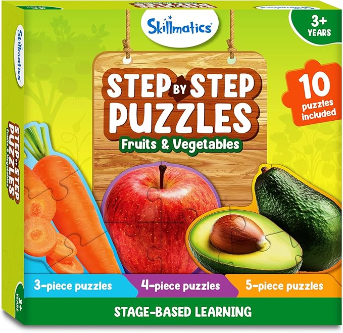 Skillmatics Step by Step Puzzles - 40 Piece Jigsaw & Toddler Puzzles, Montessori Educational Toy for Boys & Girls, Fruits and Vegetables, Travel Friendly, Gifts for Kids Ages 3, 4, 5 and Up