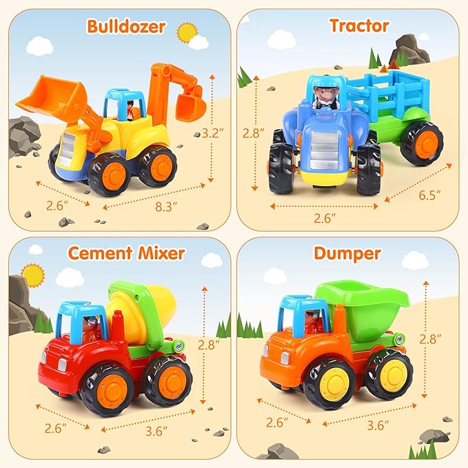 Inertia Toy Early Educational Toddler Baby Toy Friction Powered Cars Push and Go Cars Tractor Bulldozer Dumper Cement Mixer Engineering Vehicles Toys for Children Boys Girls Kids Gift 4PCS