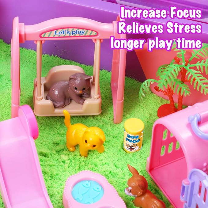 Pet Sensory bin,Dog and Cat Sandbox for Kids,Kids Play Sand Kit,Pet Play Set with Sensory Sand,Pet Care Play Set,Role Pretend Play Beach Toy Birthday Gift for Girls Boys 3 4 5 6 Years Old