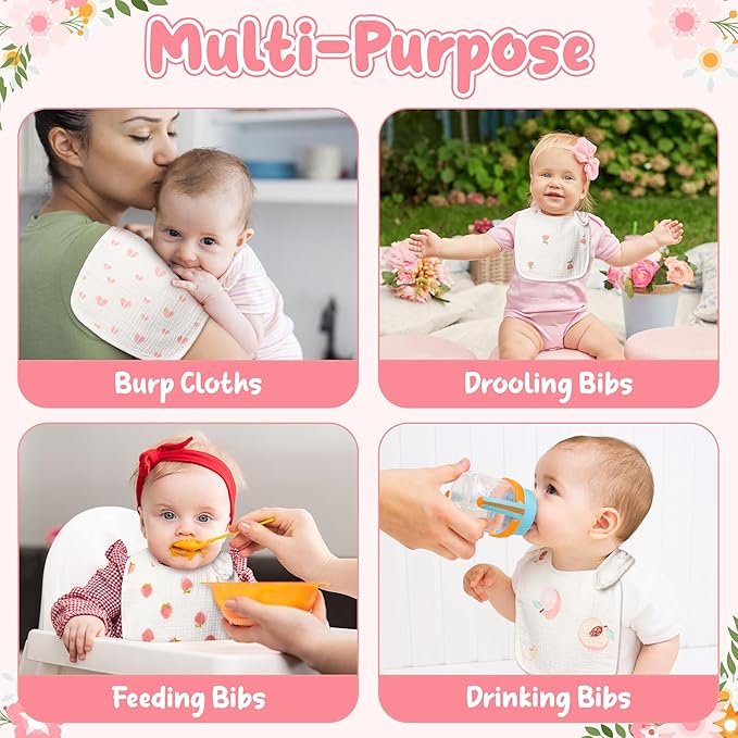 Zainpe 6Pcs Snap Muslin Cotton Baby Bibs Flowers Strawberry Patterns Infants Drooling Bib Soft Absorbent Adjustable Feeding Burp Cloths for Newborns Boy Girl Toddlers Teething Eating 0 to 36 Months