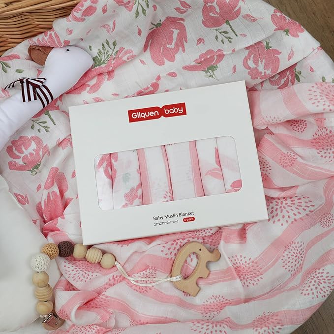 GLLQUEN BABY Receiving Blanket Boy Cotton Muslin Swaddle Blankets Girl Newborn Squares Breathable & Soft Thin Baby Blankets Cloths Double Absorbent Infant Swaddling Wrap - 6 Pack (Flower)