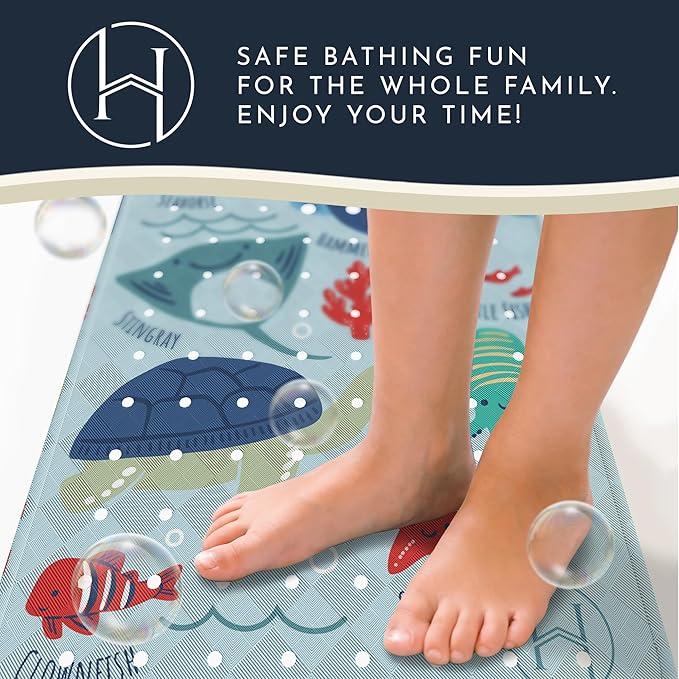 Homerella Baby Bath Tub Mat | Anti Mold Mildew Resistant Non Slip Kids and Adult Bath Tub Shower Mats | 40x16 inch Long with Suction Cups for Secure Grip Hooks for Storage & Drying | Machine Washable