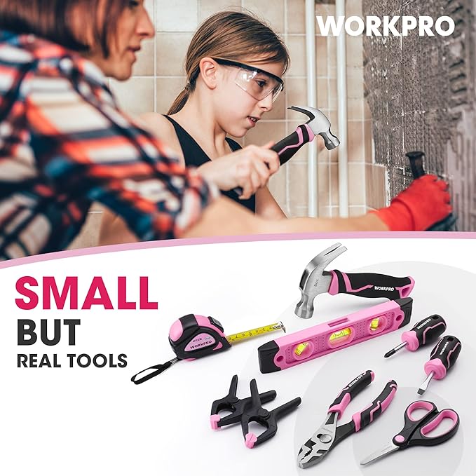 WORKPRO Pink Real Tool Set for Kids with 12 Inch Mini Steel Tool Box with Wheels, 10PCS Kids Real Tools with 2 Drawers Desk Metal Rolling Tool Chest, Children's Tool Kit for Home DIY- Pink Ribbon